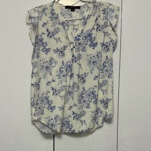 Blue Floral Print Blouse Lightweight Summer Top